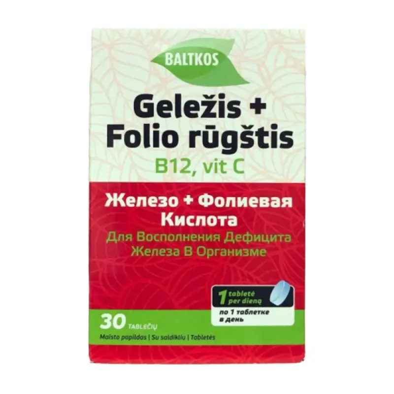 Baltkos geležis + folio rugštis B12, vitamin C, 30 tablečių